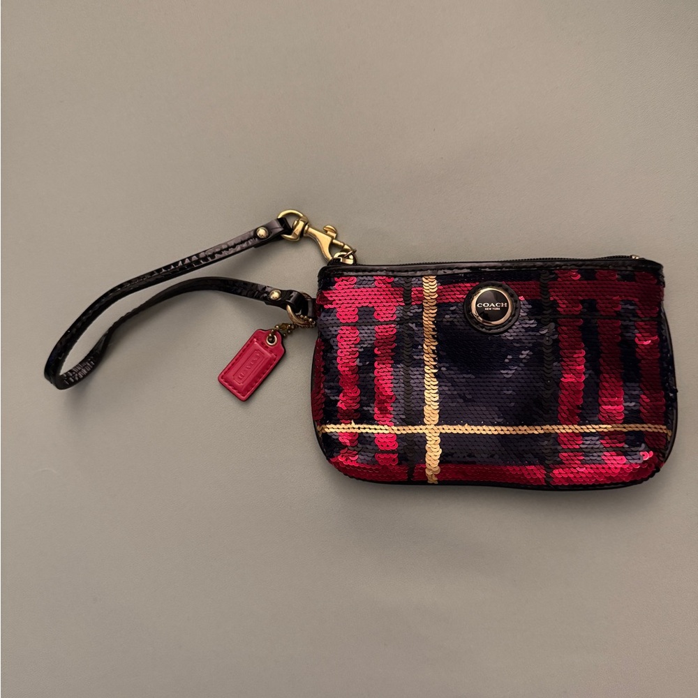 Coach Red and Black Tartan Sequin Wristlet
